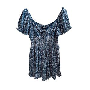 Angie Blue Floral Short Sleeve Smocked Romper Women's Size L